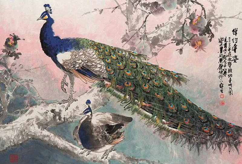 加拿大中文學(xué)院大專(zhuān)學(xué)部美術(shù)系課程設(shè)計(jì)主任伍彝生國(guó)畫(huà)孔雀作品欣賞